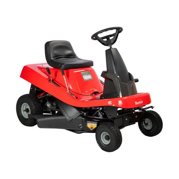 Trator cortador de grama vermelho para uso residencial, equipado com deck de corte central e sistema de direção frontal para manutenção eficiente de gramados.