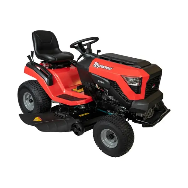 Trator cortador de grama Toyama TLT42-19A com motor de alta potência, rodas de tração reforçadas e deck de corte amplo para manutenção de gramados profissionais.