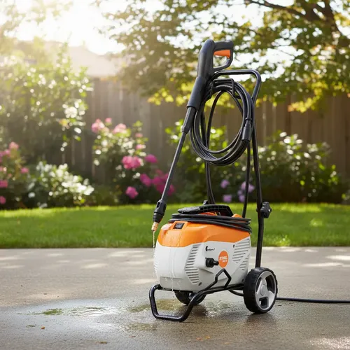 Lavadora de alta pressão Stihl RE 145 em jardim, indicada para limpeza de alto desempenho em pisos, fachadas, quintais e propriedades maiores.