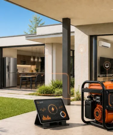 Casa contemporânea com gerador em manhã ensolarada