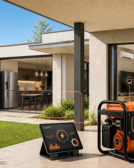 Casa contemporânea com gerador em manhã ensolarada