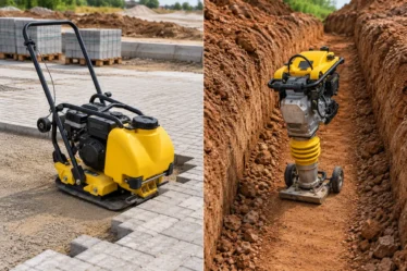 Comparação entre placa vibratória compactando piso e compactador de solo trabalhando em vala de fundação
