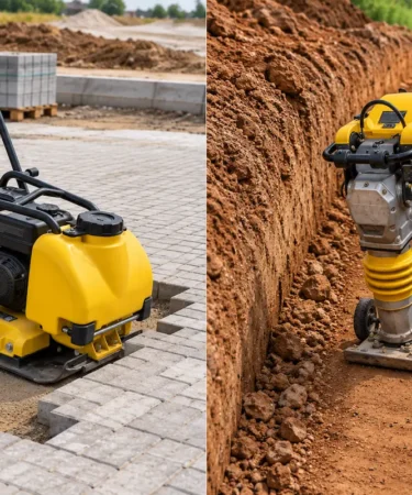 Comparação entre placa vibratória compactando piso e compactador de solo trabalhando em vala de fundação