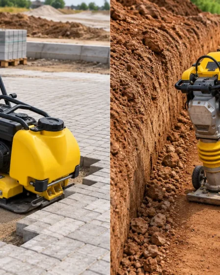Comparação entre placa vibratória compactando piso e compactador de solo trabalhando em vala de fundação