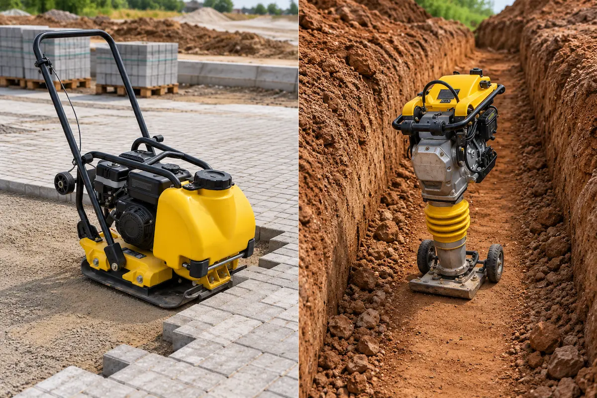 Comparação entre placa vibratória compactando piso e compactador de solo trabalhando em vala de fundação