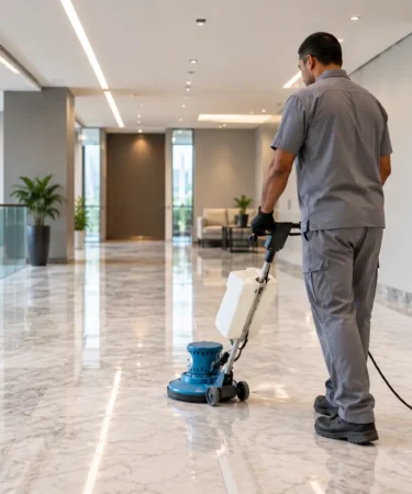 Enceradeira industrial em uso em piso comercial amplo