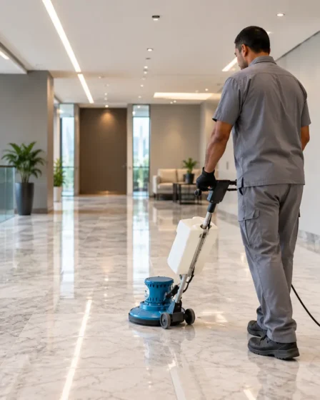 Enceradeira industrial em uso em piso comercial amplo