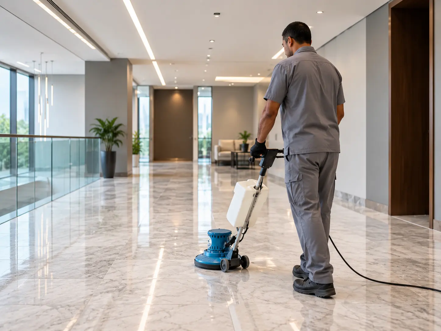 Enceradeira industrial em uso em piso comercial amplo